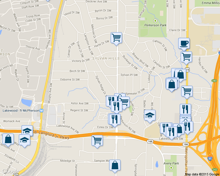 map of restaurants, bars, coffee shops, grocery stores, and more near 1875 Langston Avenue Southwest in Atlanta