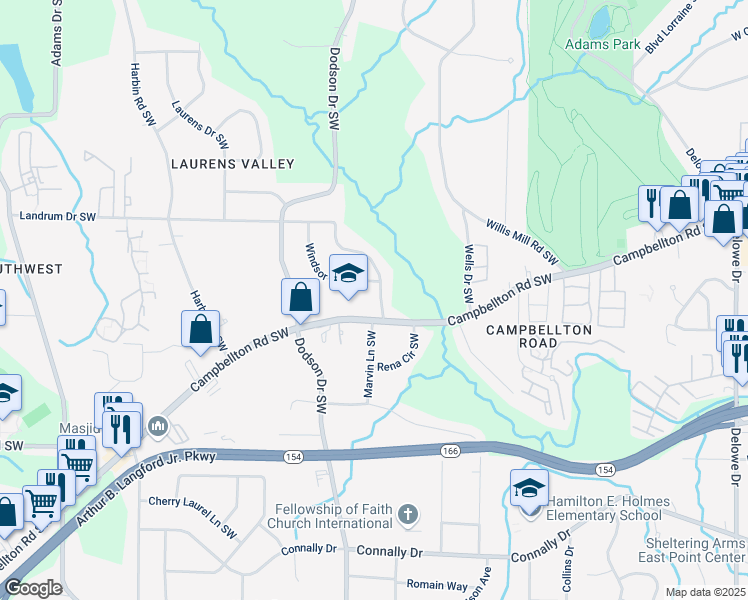map of restaurants, bars, coffee shops, grocery stores, and more near 1932 Sandringham Drive Southwest in Atlanta