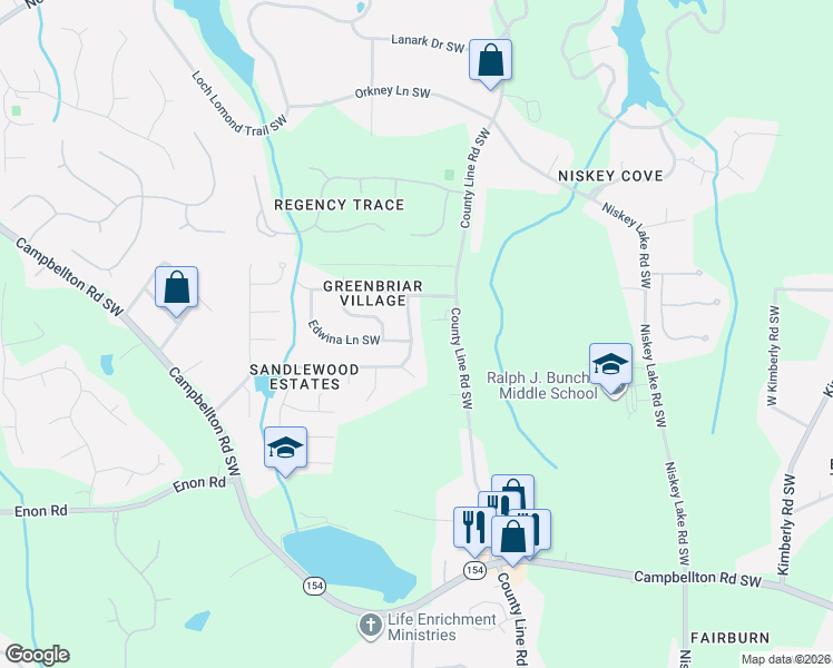 map of restaurants, bars, coffee shops, grocery stores, and more near 1434 Sherrie Lane Southwest in Atlanta