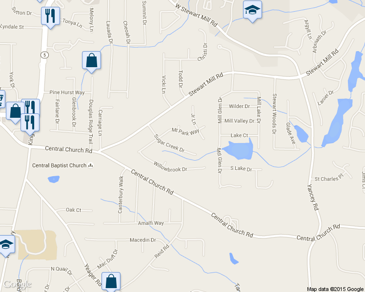 map of restaurants, bars, coffee shops, grocery stores, and more near 3830 Sugar Creek Drive in Douglasville