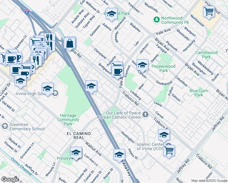 map of restaurants, bars, coffee shops, grocery stores, and more near 186 Monroe in Irvine