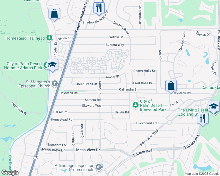map of restaurants, bars, coffee shops, grocery stores, and more near 73090 Calliandra Street in Palm Desert