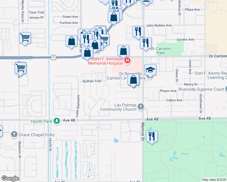 map of restaurants, bars, coffee shops, grocery stores, and more near 47520 Zoila Street in Indio