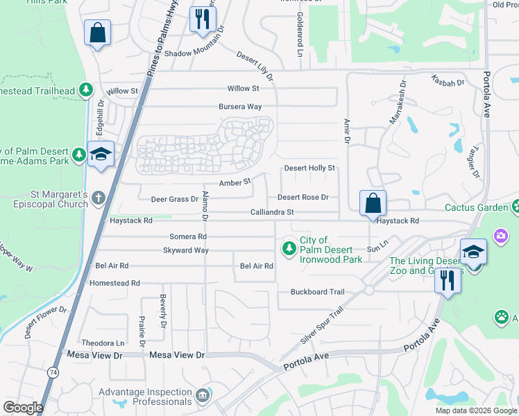 map of restaurants, bars, coffee shops, grocery stores, and more near 73200 Calliandra Street in Palm Desert