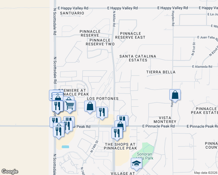 map of restaurants, bars, coffee shops, grocery stores, and more near 23920 North 75th Street in Scottsdale