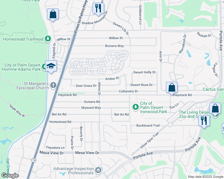 map of restaurants, bars, coffee shops, grocery stores, and more near 73090 Calliandra Street in Palm Desert