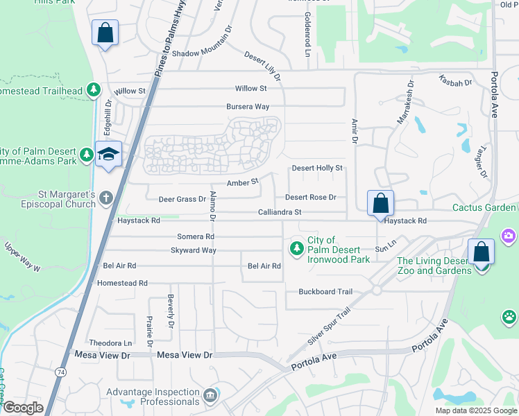 map of restaurants, bars, coffee shops, grocery stores, and more near 73170 Calliandra Street in Palm Desert