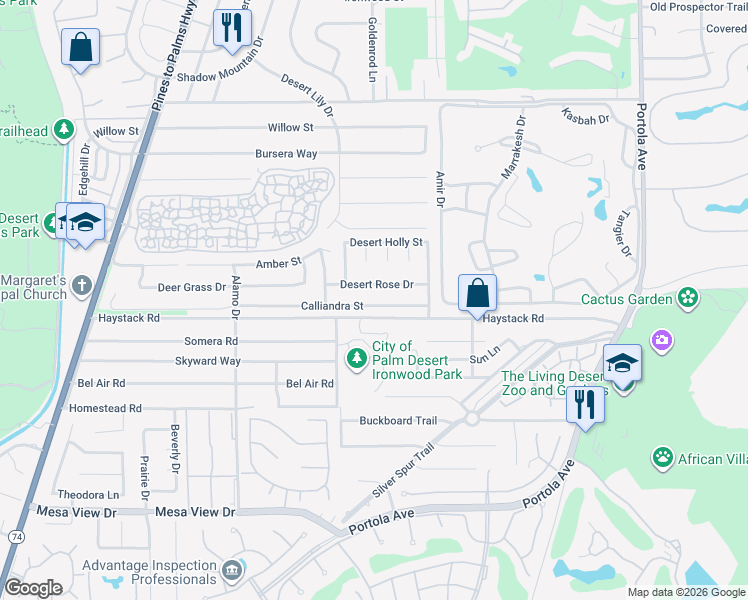 map of restaurants, bars, coffee shops, grocery stores, and more near 73330 Calliandra Street in Palm Desert