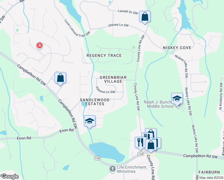 map of restaurants, bars, coffee shops, grocery stores, and more near 4667 Edwina Lane Southwest in Atlanta