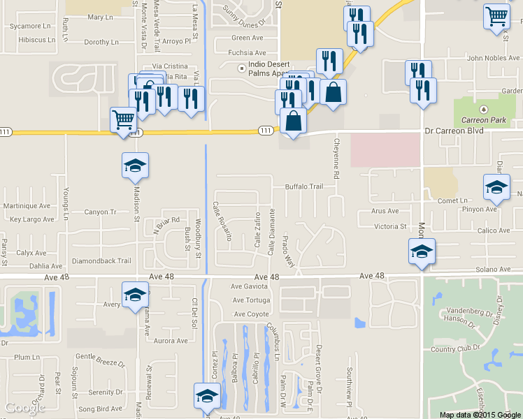 map of restaurants, bars, coffee shops, grocery stores, and more near 47536 Calle Zafiro in Indio