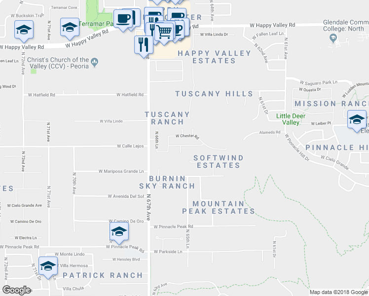 map of restaurants, bars, coffee shops, grocery stores, and more near 6515 West Misty Willow Lane in Glendale