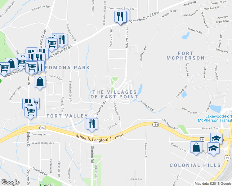 map of restaurants, bars, coffee shops, grocery stores, and more near 1916 Stanton Road in East Point