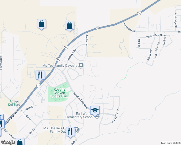map of restaurants, bars, coffee shops, grocery stores, and more near 45105 Quicksilver Road in Lake Elsinore