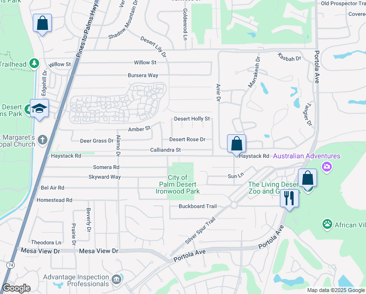 map of restaurants, bars, coffee shops, grocery stores, and more near 73310 Calliandra Street in Palm Desert