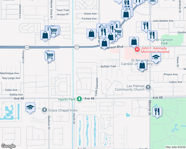 map of restaurants, bars, coffee shops, grocery stores, and more near 47536 Calle Zafiro in Indio