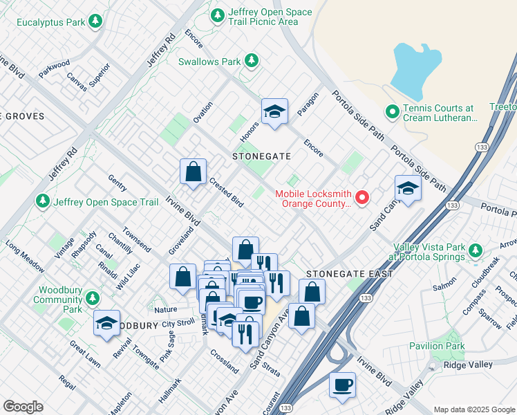 map of restaurants, bars, coffee shops, grocery stores, and more near 76 Pendant in Irvine