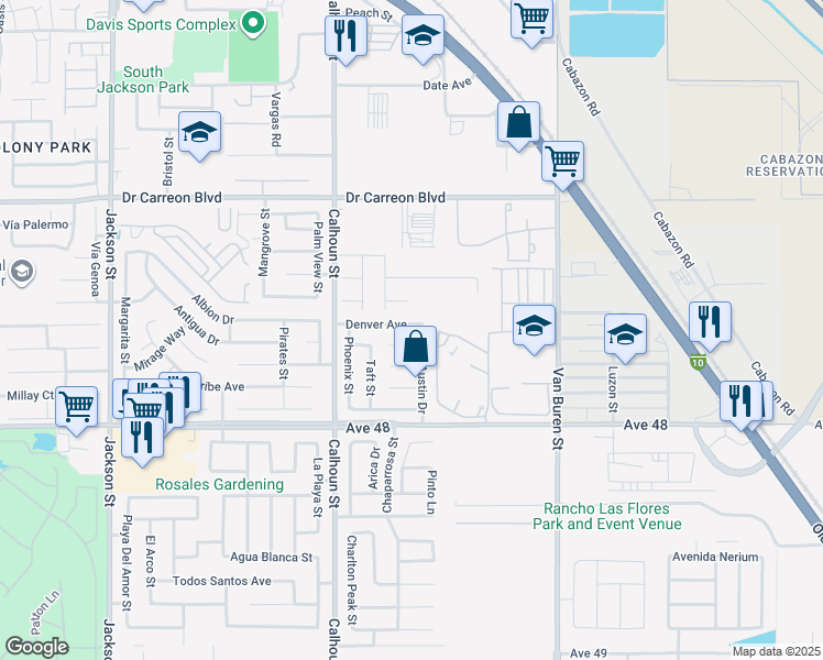 map of restaurants, bars, coffee shops, grocery stores, and more near 83685 Denver Avenue in Indio