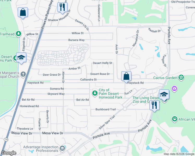 map of restaurants, bars, coffee shops, grocery stores, and more near 73330 Calliandra Street in Palm Desert