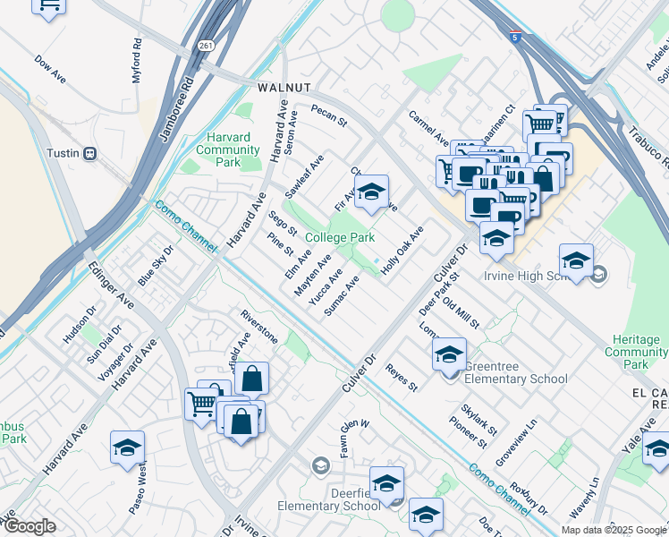 map of restaurants, bars, coffee shops, grocery stores, and more near 14821 Yucca Avenue in Irvine