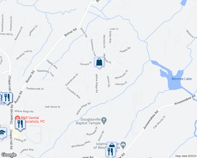 map of restaurants, bars, coffee shops, grocery stores, and more near 3765 Willow Ridge Road in Douglasville