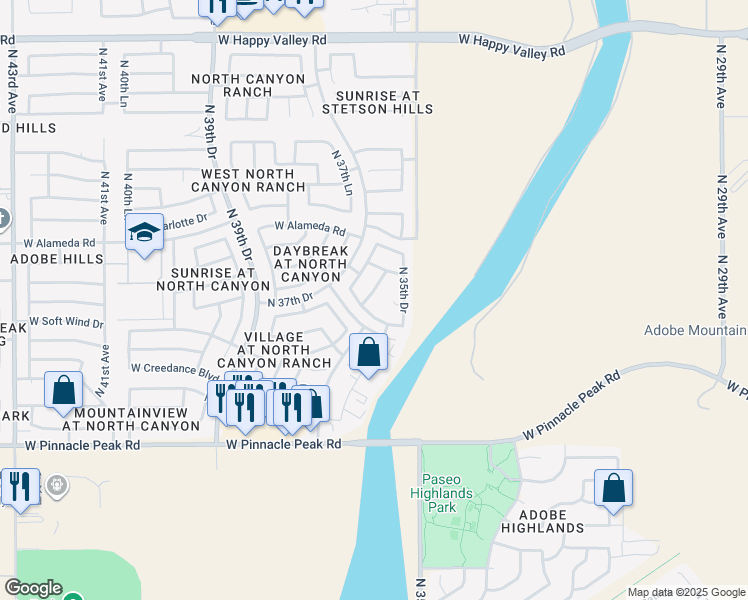 map of restaurants, bars, coffee shops, grocery stores, and more near 23853 North 36th Avenue in Glendale