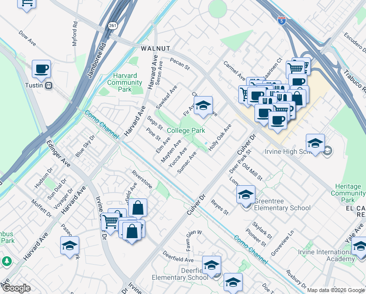 map of restaurants, bars, coffee shops, grocery stores, and more near 14821 Yucca Avenue in Irvine