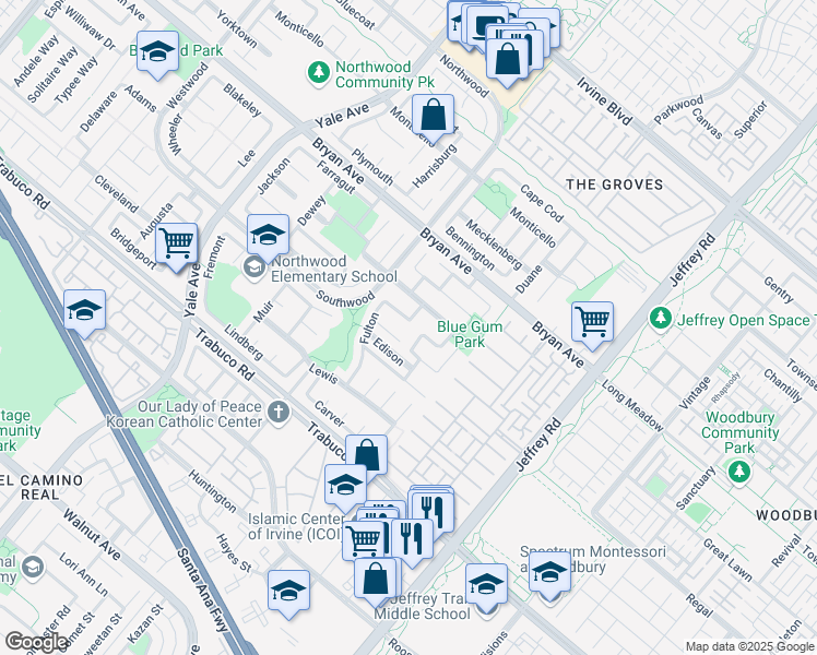 map of restaurants, bars, coffee shops, grocery stores, and more near 58 Fulton in Irvine