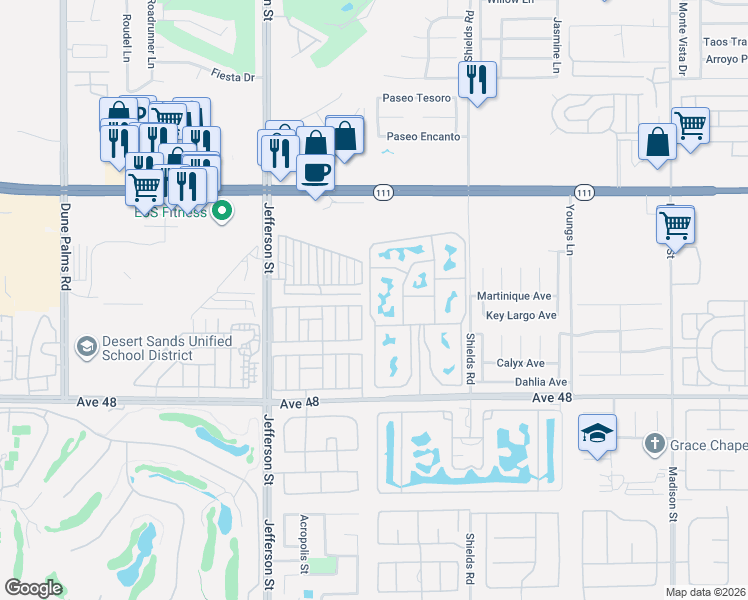 map of restaurants, bars, coffee shops, grocery stores, and more near 80394 Avenue 48 in Indio