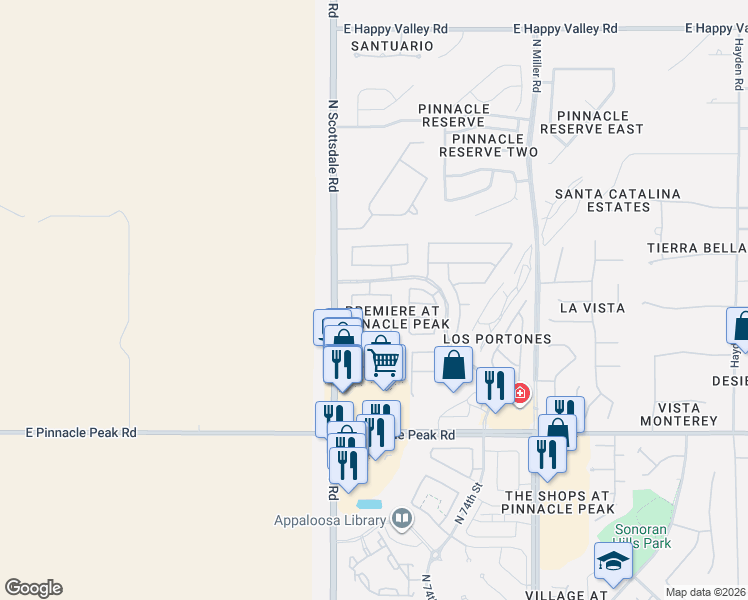 map of restaurants, bars, coffee shops, grocery stores, and more near 7233 East Softwind Drive in Scottsdale