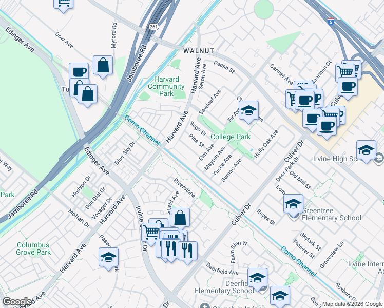 map of restaurants, bars, coffee shops, grocery stores, and more near 3661 Myrtle Street in Irvine