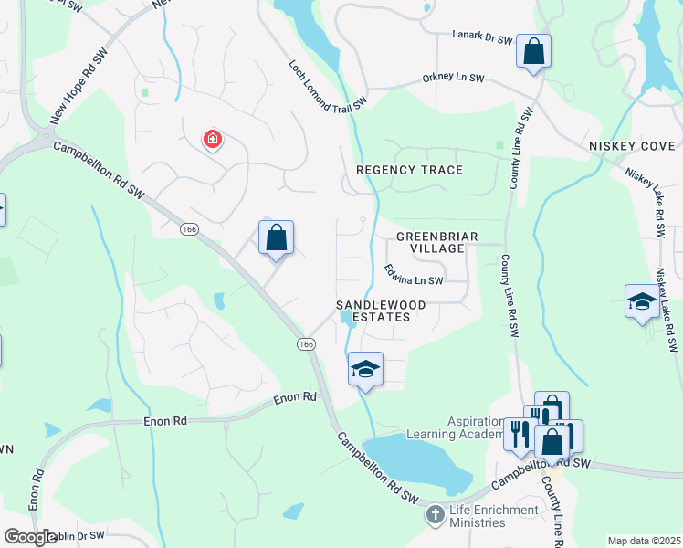 map of restaurants, bars, coffee shops, grocery stores, and more near 2200 Sandridge Place Southwest in Atlanta