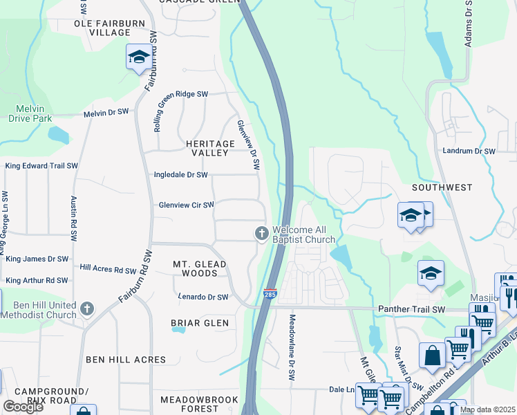 map of restaurants, bars, coffee shops, grocery stores, and more near 3390 Glenview Circle Southwest in Atlanta