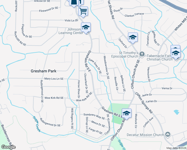 map of restaurants, bars, coffee shops, grocery stores, and more near 2890 Gresham Road South East in Atlanta