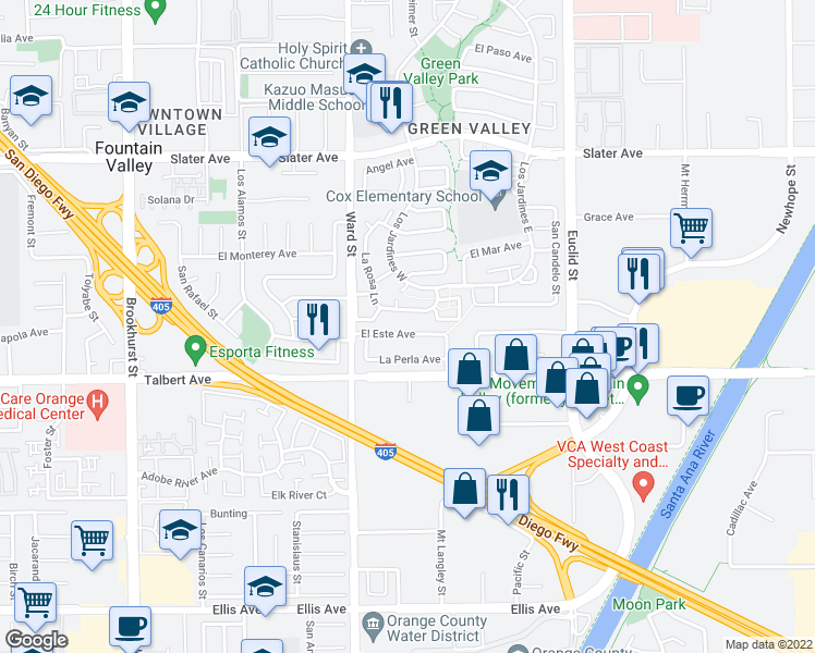 map of restaurants, bars, coffee shops, grocery stores, and more near 10629 El Este Avenue in Fountain Valley