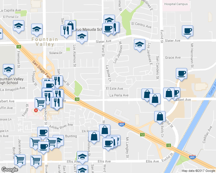map of restaurants, bars, coffee shops, grocery stores, and more near 10539 El Este Avenue in Fountain Valley