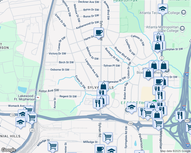 map of restaurants, bars, coffee shops, grocery stores, and more near 1875 Langston Avenue Southwest in Atlanta