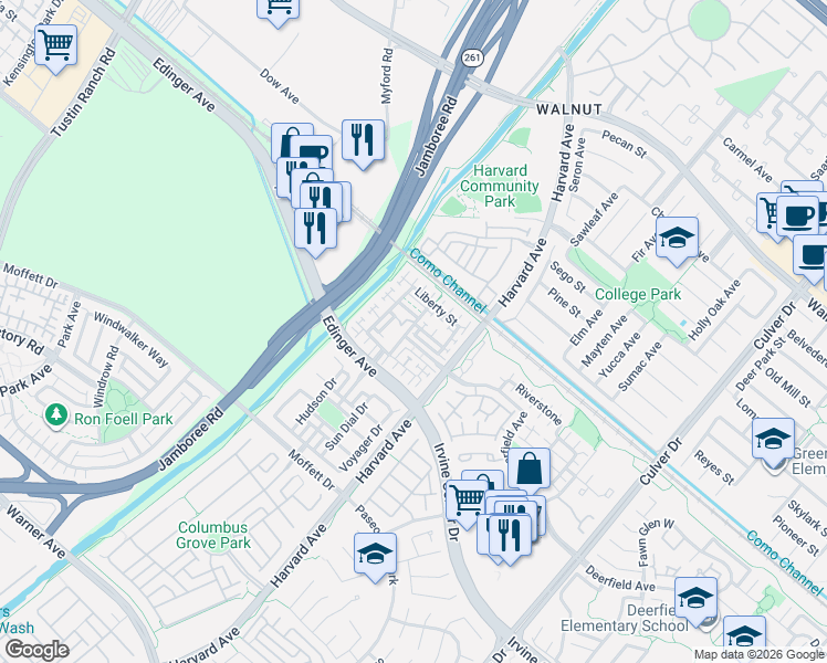 map of restaurants, bars, coffee shops, grocery stores, and more near 264 Blue Sky Drive in Tustin