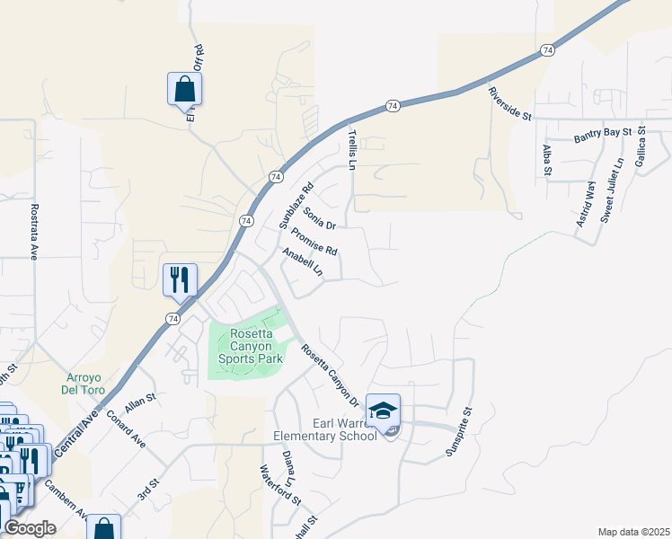 map of restaurants, bars, coffee shops, grocery stores, and more near 45035 Promise Road in Lake Elsinore