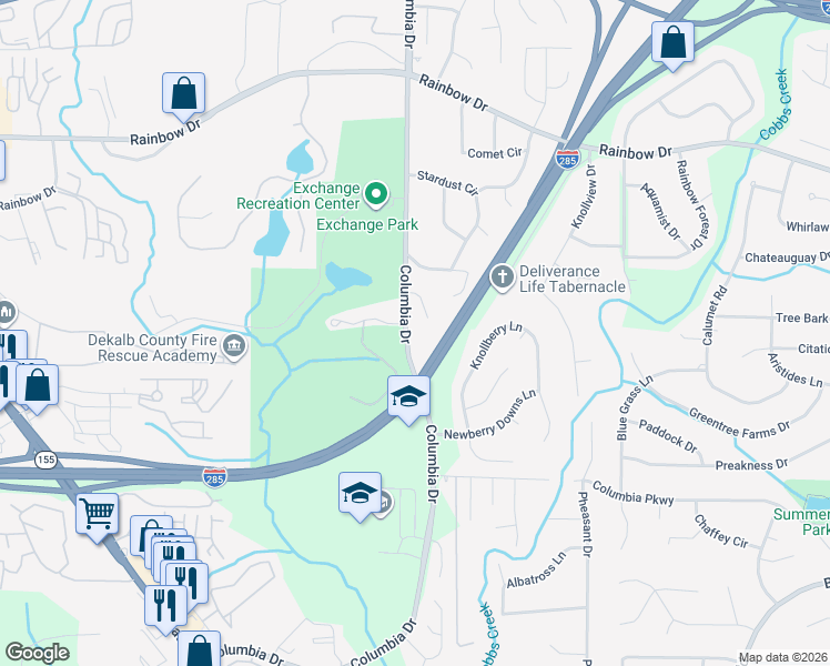 map of restaurants, bars, coffee shops, grocery stores, and more near 2824 Columbia Drive in Decatur