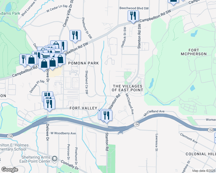 map of restaurants, bars, coffee shops, grocery stores, and more near 1883 Idlewood Drive in East Point