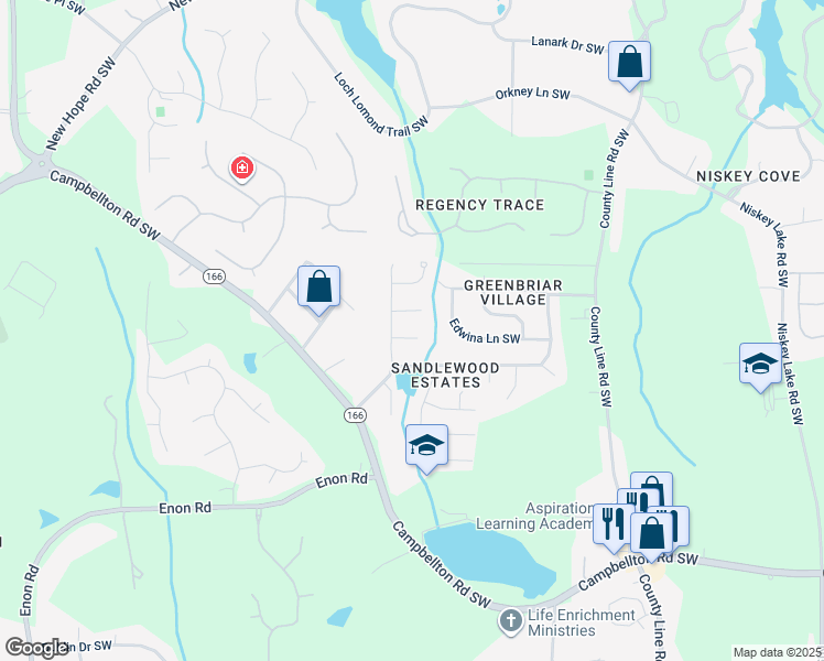 map of restaurants, bars, coffee shops, grocery stores, and more near 2200 Sandridge Place Southwest in Atlanta