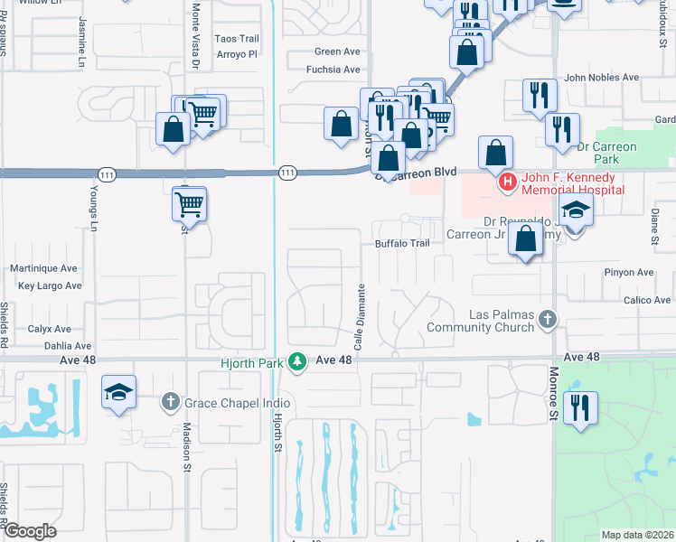 map of restaurants, bars, coffee shops, grocery stores, and more near 81411 Avenida Alamitos in Indio