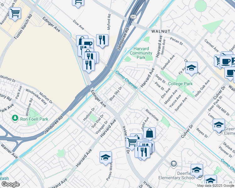 map of restaurants, bars, coffee shops, grocery stores, and more near 263 Windy Lane in Tustin