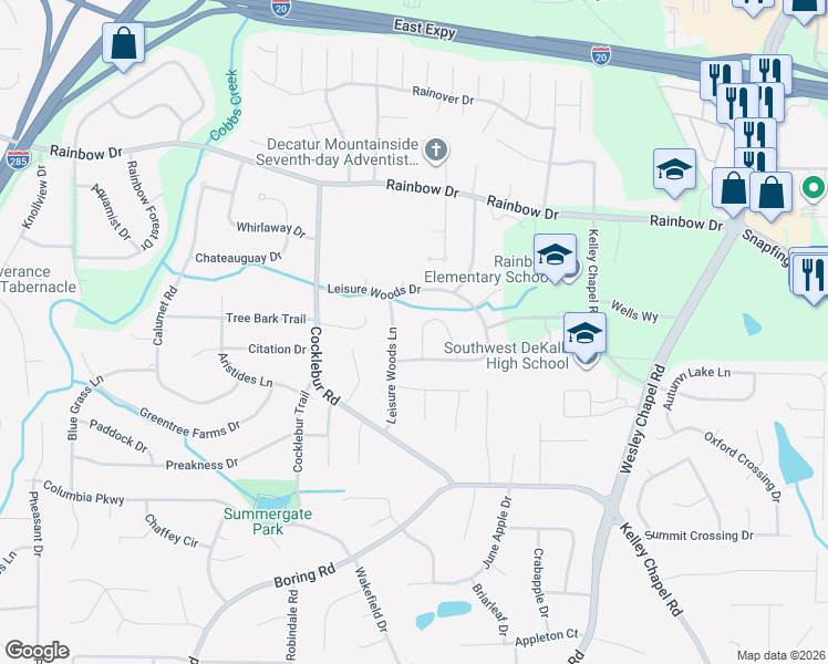 map of restaurants, bars, coffee shops, grocery stores, and more near 2857 Leisure Springs Cir in Decatur