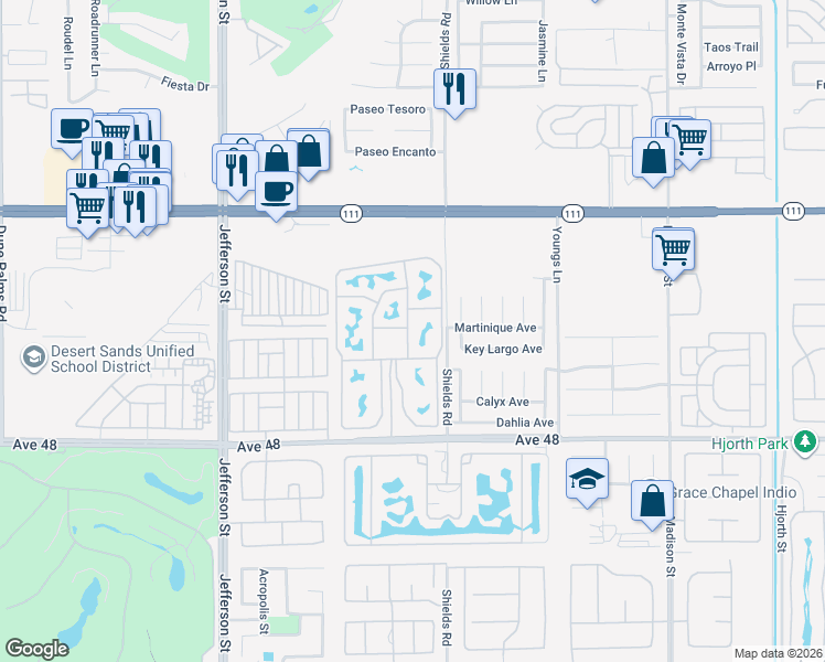 map of restaurants, bars, coffee shops, grocery stores, and more near 80394 Avenue 48 in Indio