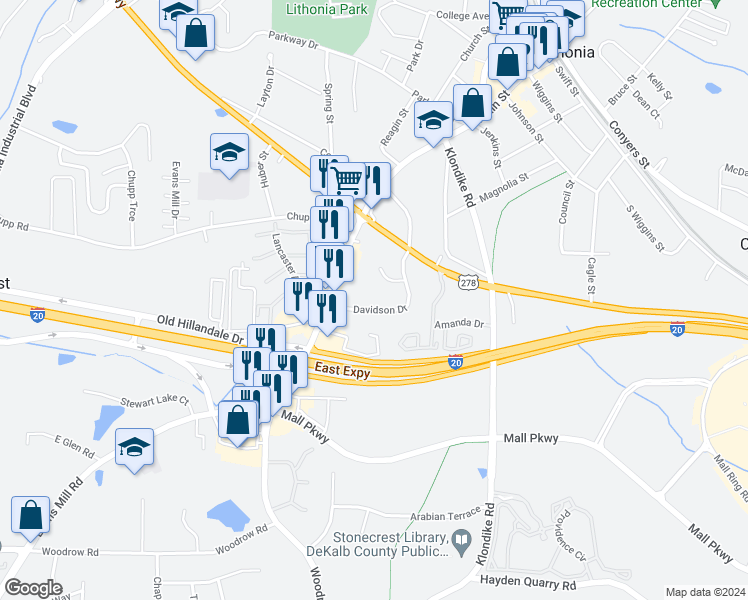 map of restaurants, bars, coffee shops, grocery stores, and more near 2837 Davidson Drive in Lithonia