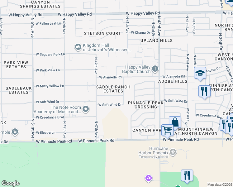 map of restaurants, bars, coffee shops, grocery stores, and more near 4538 West Mariposa Grande Lane in Glendale