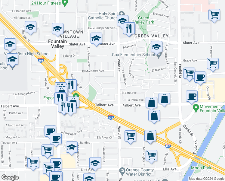 map of restaurants, bars, coffee shops, grocery stores, and more near 10450 La Ballena Circle in Fountain Valley