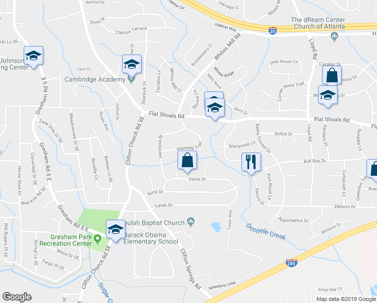 map of restaurants, bars, coffee shops, grocery stores, and more near 2876 Alameda Trail in Decatur