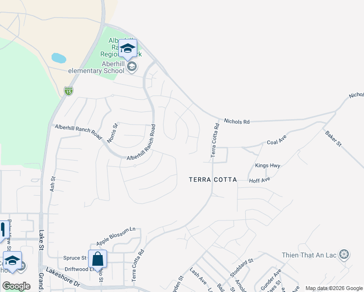 map of restaurants, bars, coffee shops, grocery stores, and more near Alberhill Ranch Road in Lake Elsinore